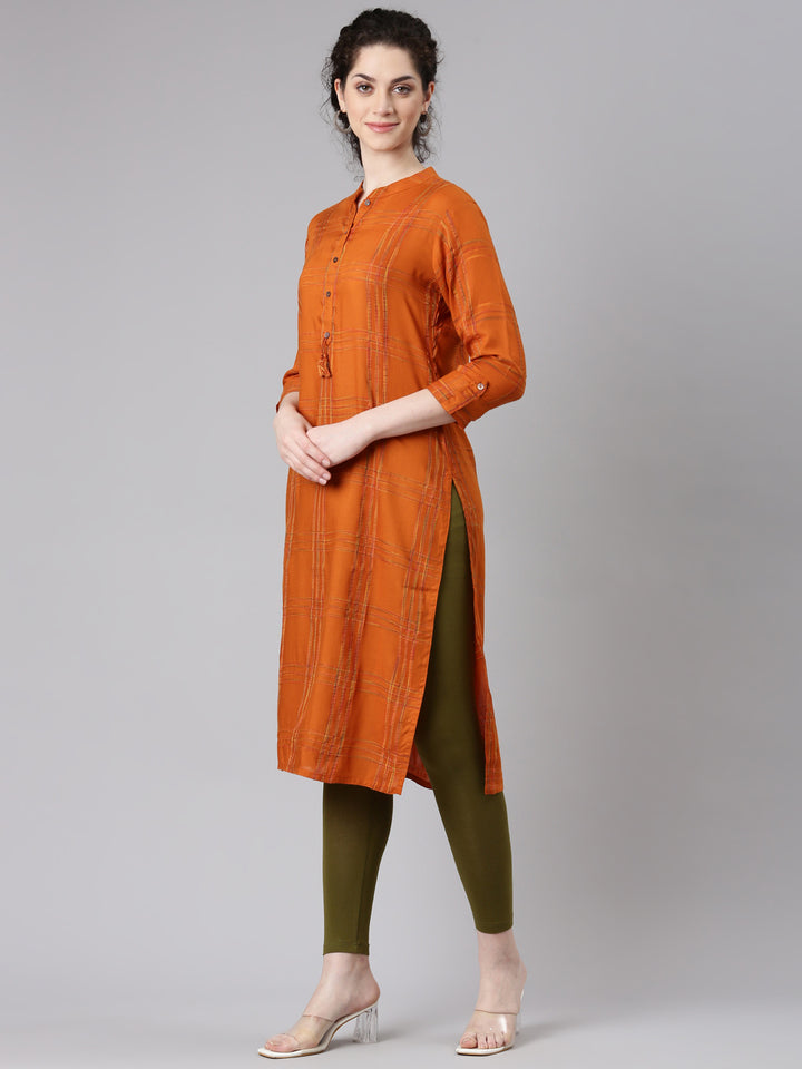Neerus Orange Straight Casual Striped Kurtas
