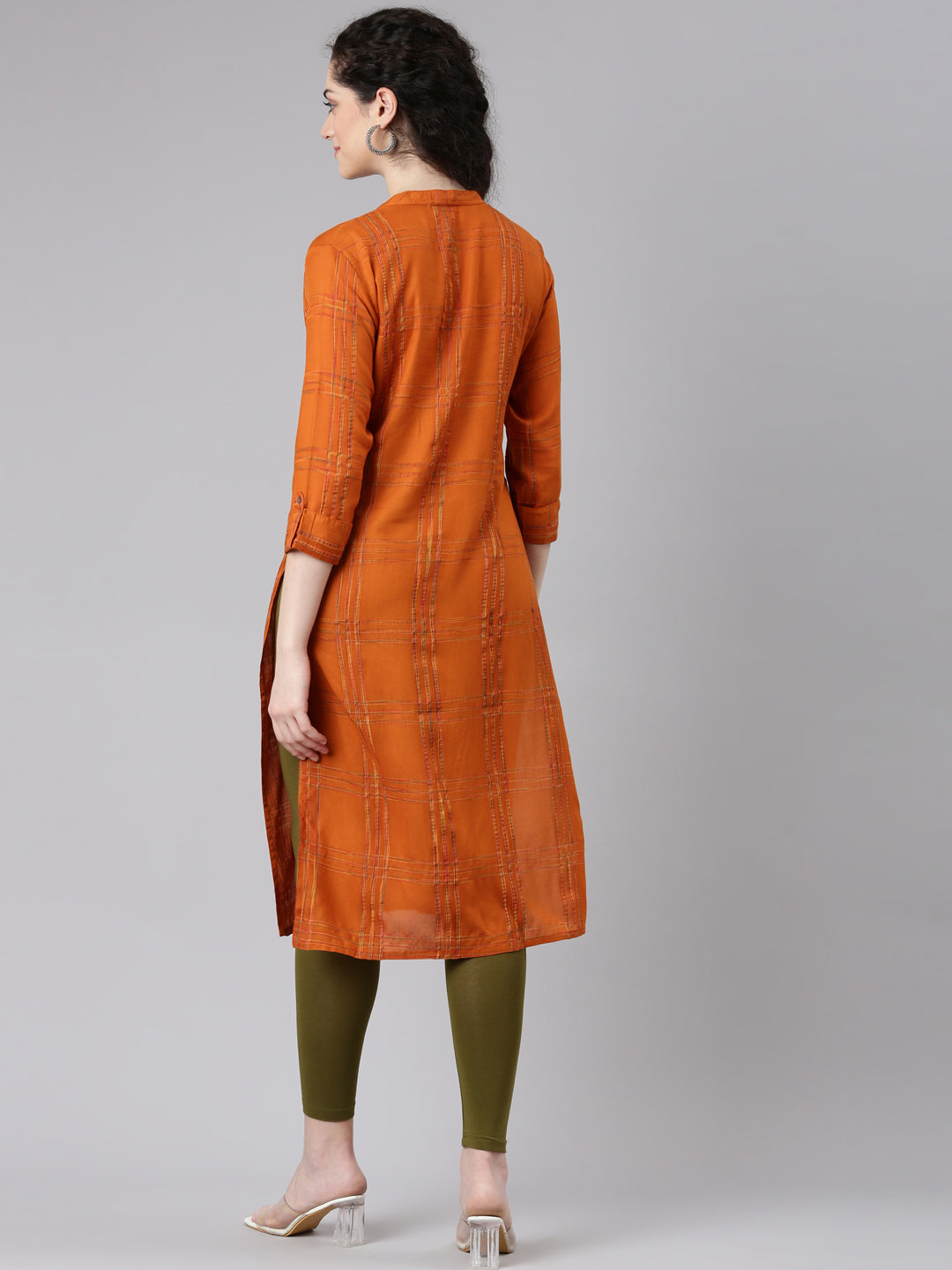 Neerus Orange Straight Casual Striped Kurtas