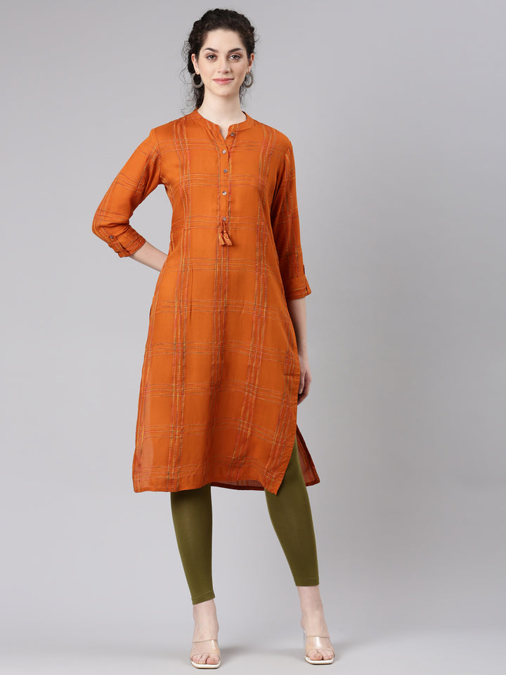 Neerus Orange Straight Casual Striped Kurtas