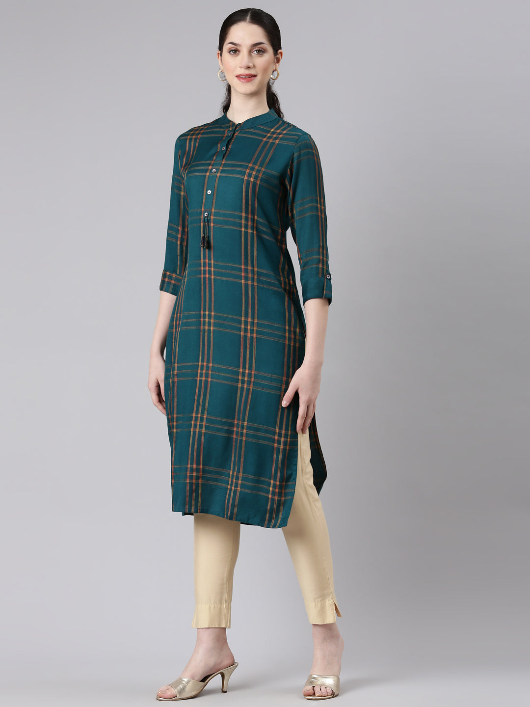 Neerus Green printed striped straight kurti - back view