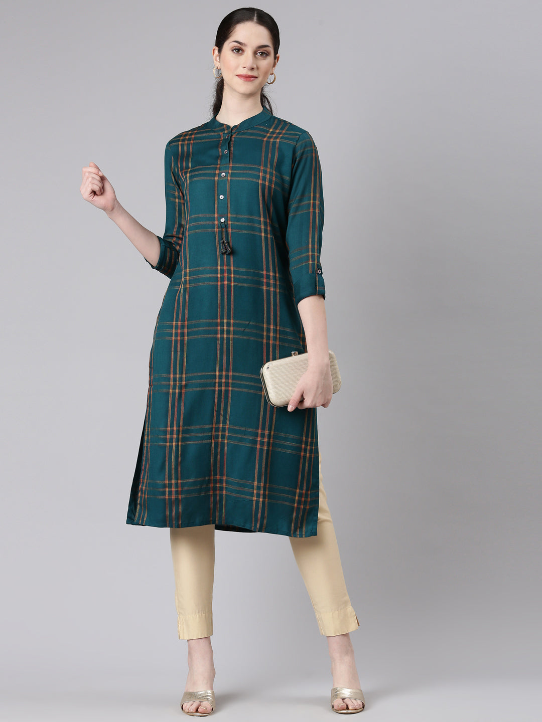 Neerus Green printed striped straight kurti - detail view 2