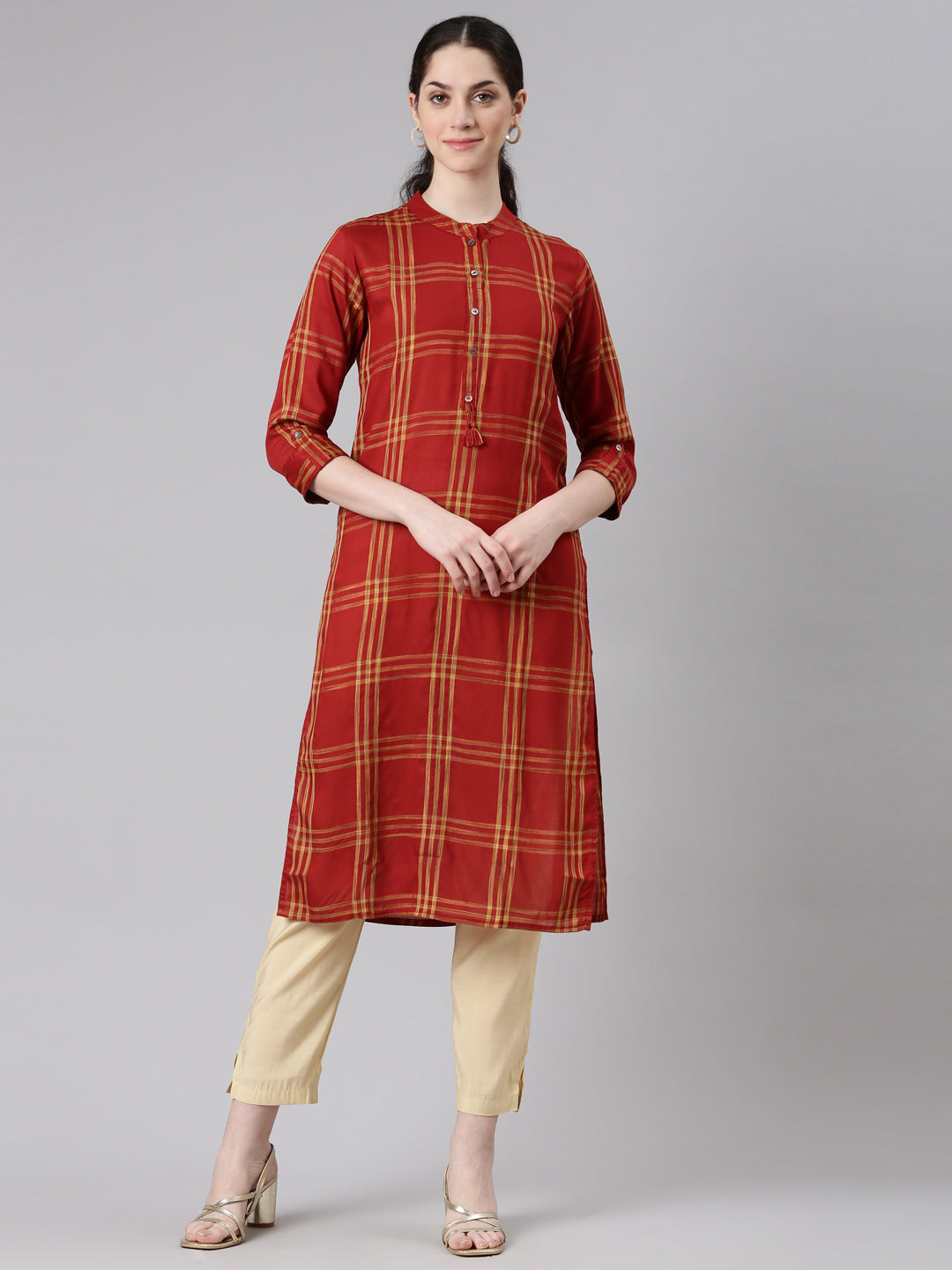 Neerus Red Straight Casual Striped Panelled Kurtas