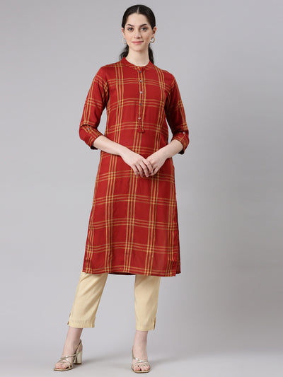 Neerus Red Straight Casual Striped Panelled Kurtas