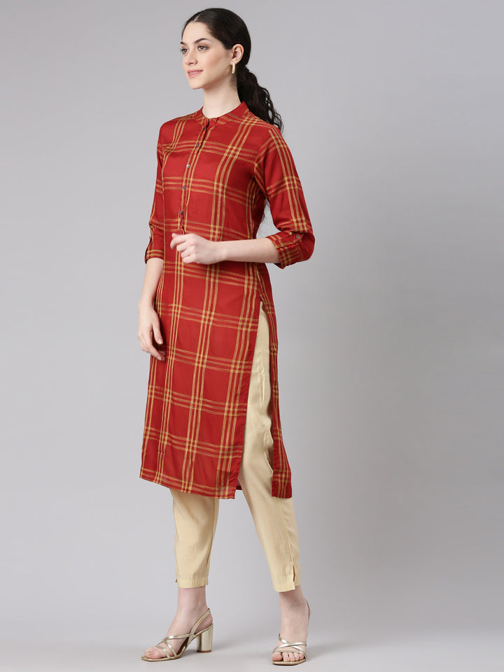 Neerus Red Straight Casual Striped Panelled Kurtas