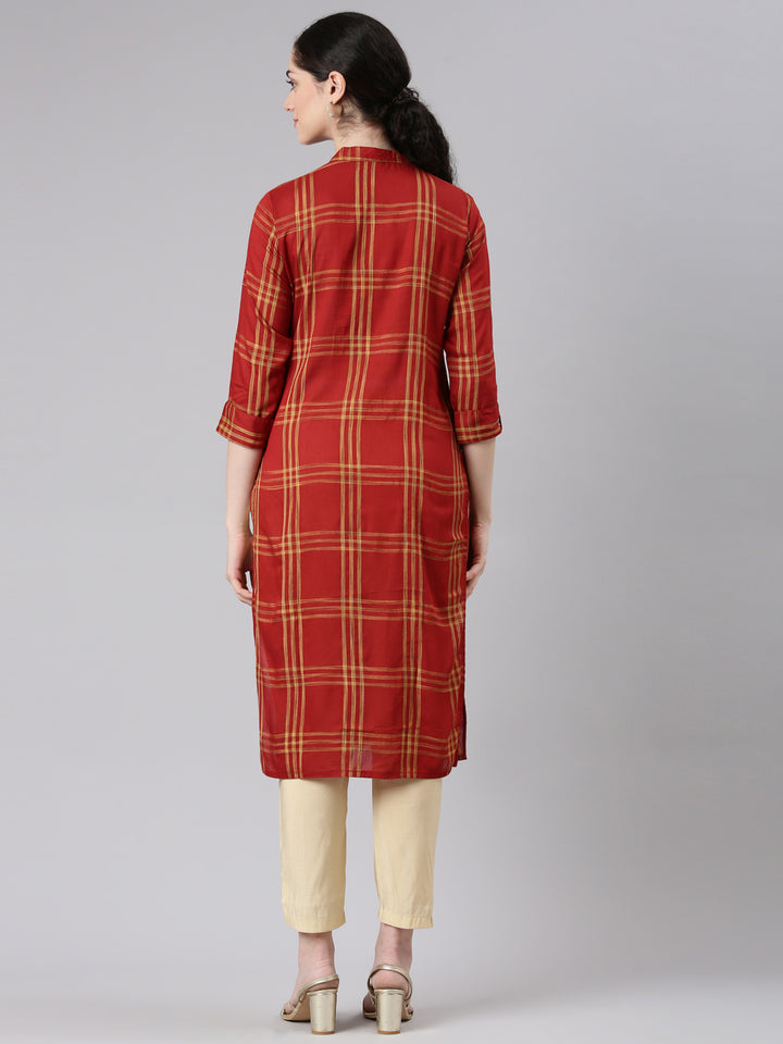 Neerus Red Straight Casual Striped Panelled Kurtas