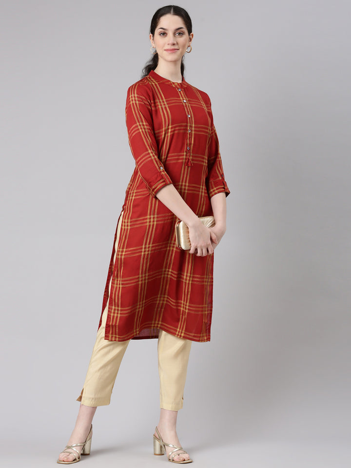 Neerus Red Straight Casual Striped Panelled Kurtas