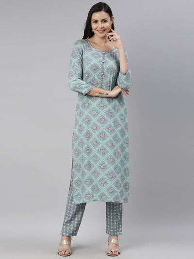 Neerus Women Turquoise Blue Ethnic Motifs Printed Kurti with Trousers