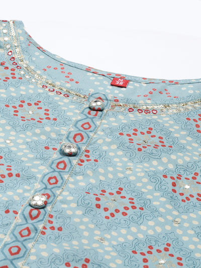 Neerus Women Turquoise Blue Ethnic Motifs Printed Kurti with Trousers