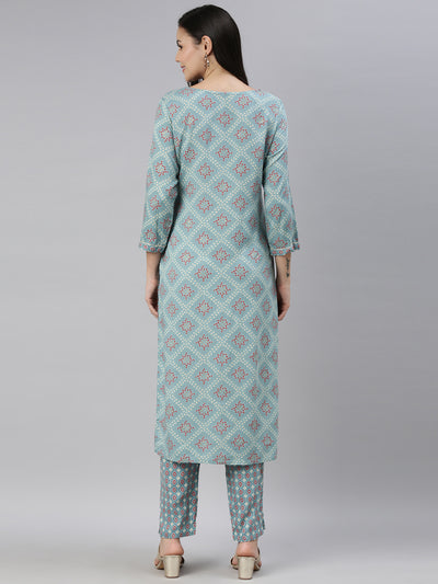 Neerus Women Turquoise Blue Ethnic Motifs Printed Kurti with Trousers