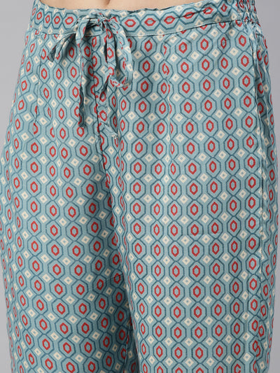 Neerus Women Turquoise Blue Ethnic Motifs Printed Kurti with Trousers