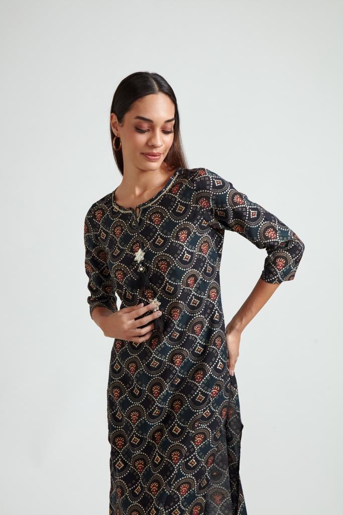 Neerus Black Color Rayon Fabric Printed Kurta And Trouser