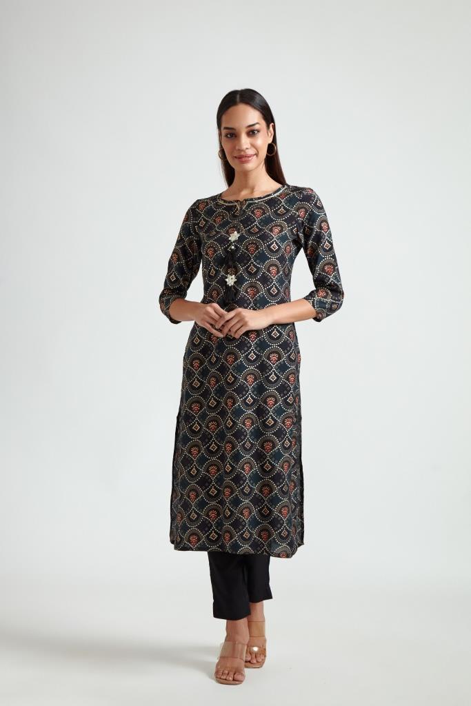 Neerus Black Color Rayon Fabric Printed Kurta And Trouser