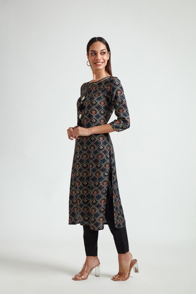 Neerus Black Color Rayon Fabric Printed Kurta And Trouser