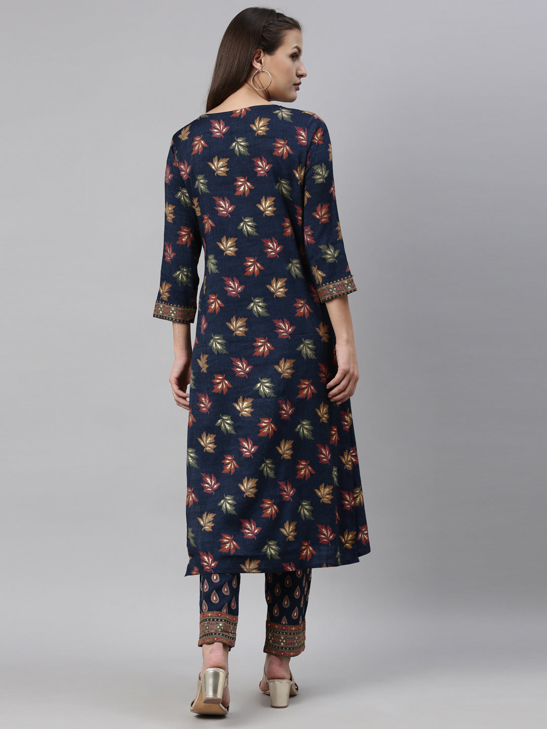 Neerus Blue floral printed kurta with trousers - side view