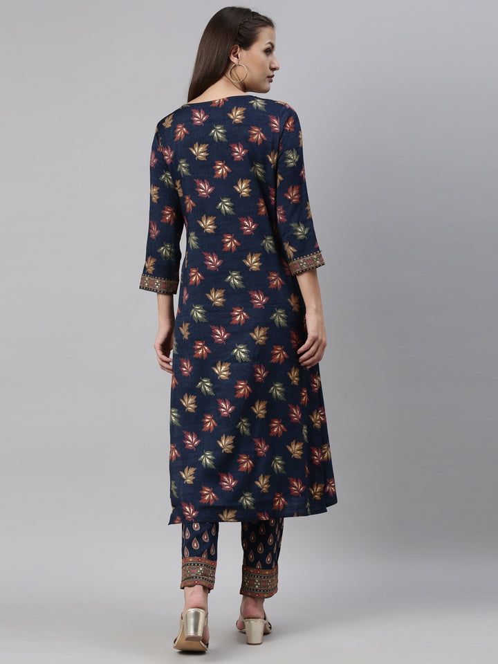 Neerus Blue floral printed kurta with trousers - side view