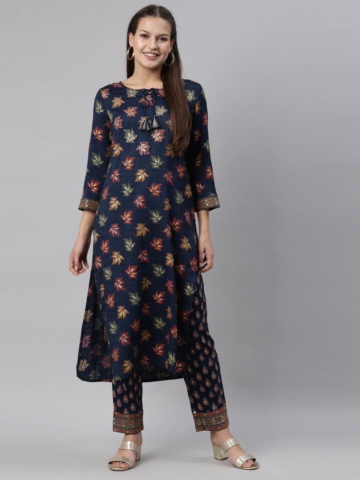 Neerus Blue floral printed kurta with trousers - front view