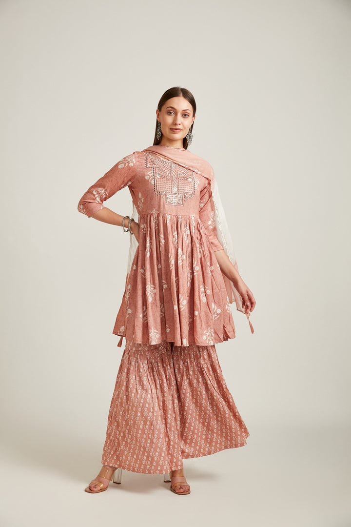 Neerus Women Mauve Striped Pleated Sequinned Kurti With Sharara