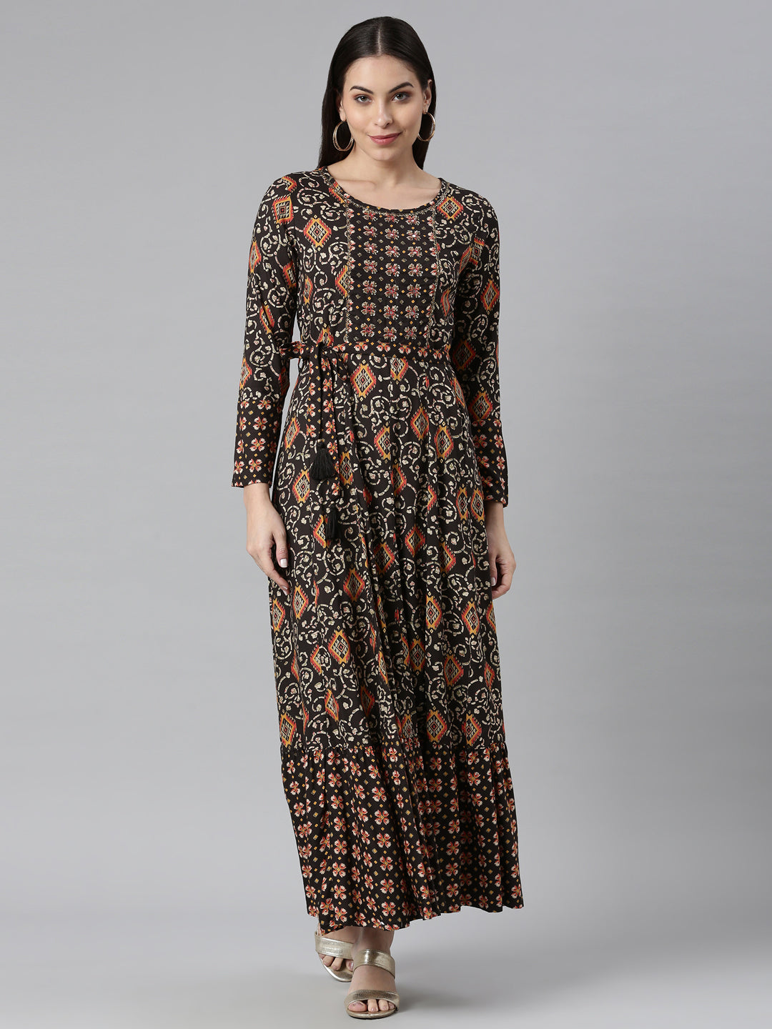 Neerus Green printed Anarkali kurta flared sleeves - front view