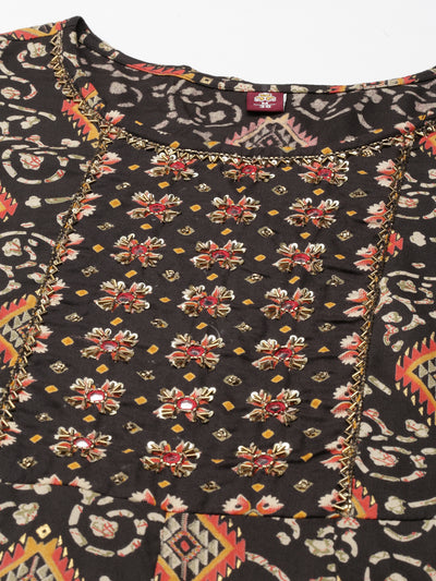 NEERU'S OLIVE COLOR RAYON FABRIC PRINTED DRESS