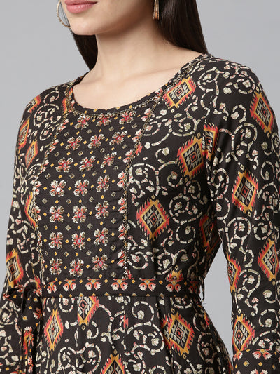 Neerus Women Olive Green Printed Flared Sleeves Anarkali Kurta