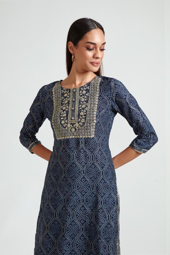 Neerus Blue polyester embroidered suit set with sharara and dupatta - detail view 1