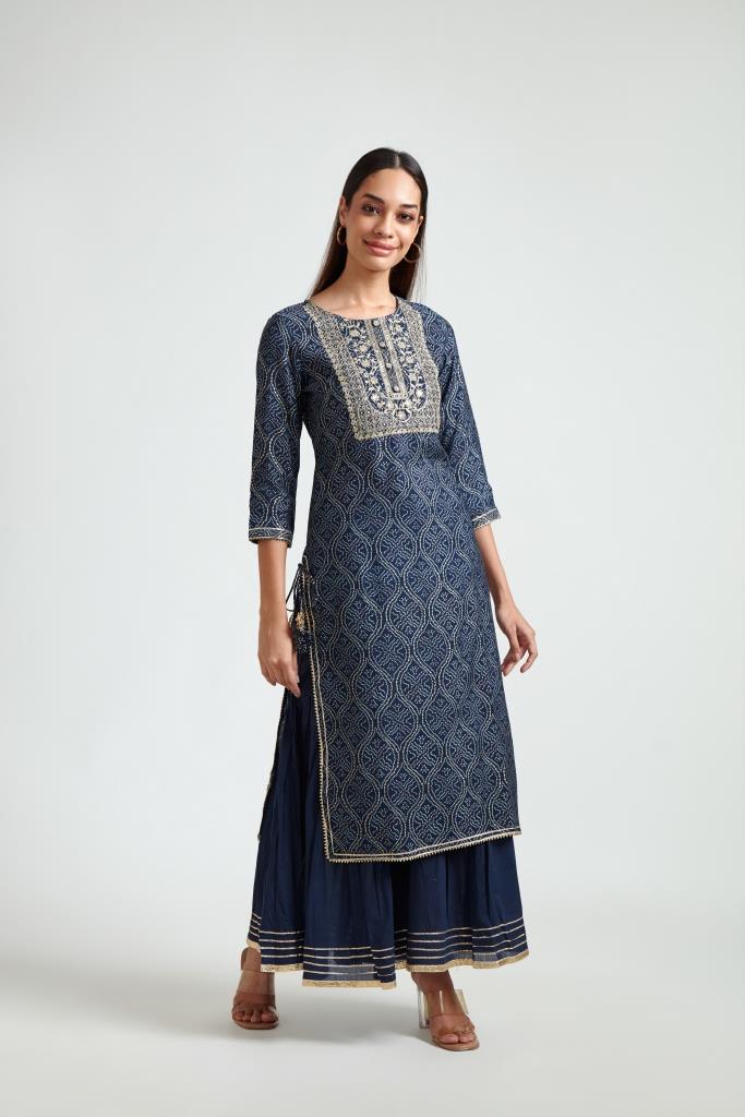 Neerus Blue polyester embroidered suit set with sharara and dupatta - front view