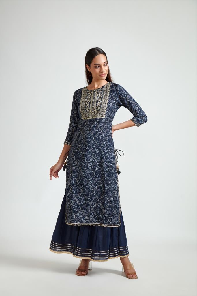 Neerus Blue polyester embroidered suit set with sharara and dupatta - back view