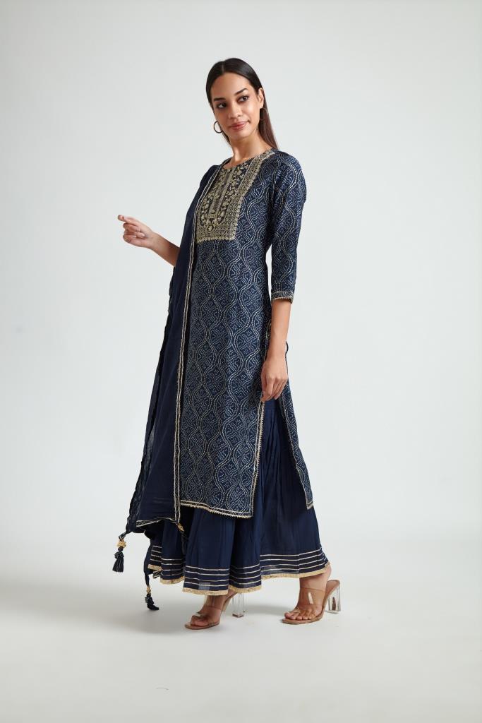 Neerus Blue polyester embroidered suit set with sharara and dupatta - detail view 2