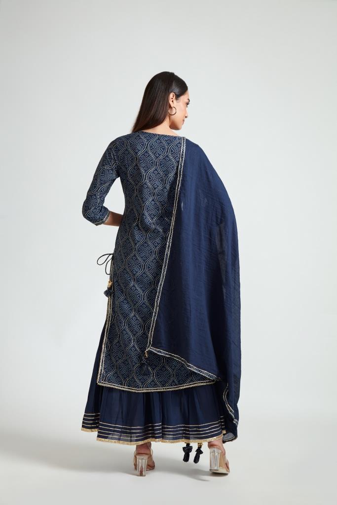 Neerus Blue polyester embroidered suit set with sharara and dupatta - side view