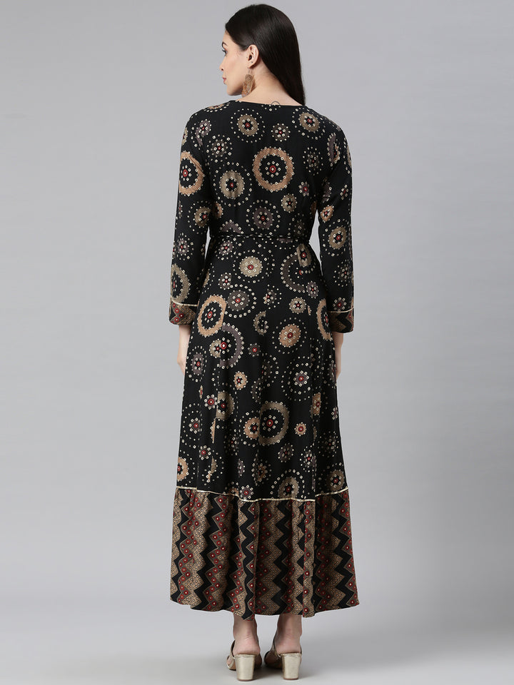 Neerus Black Color Rayon Fabric Floral Kurta