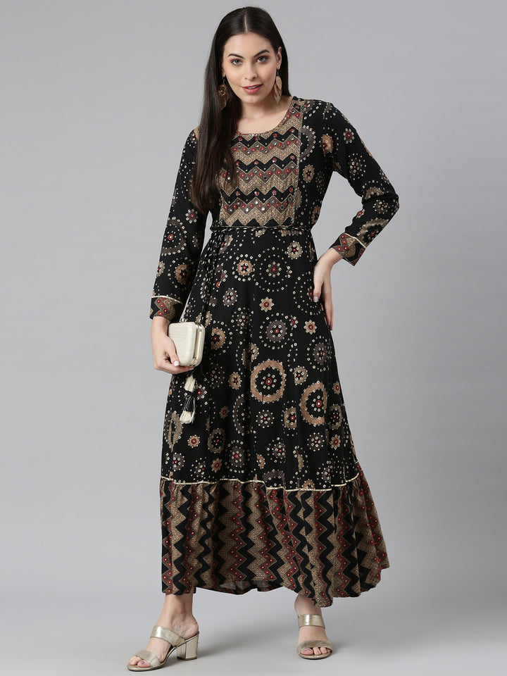 Neerus Black Color Rayon Fabric Floral Kurta