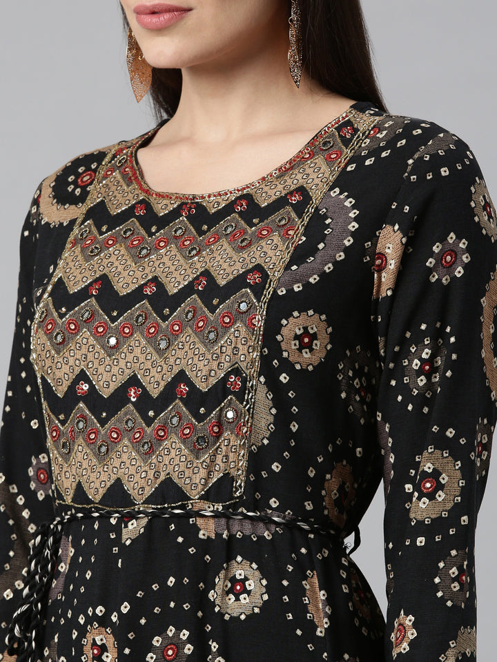 Neerus Black Color Rayon Fabric Floral Kurta