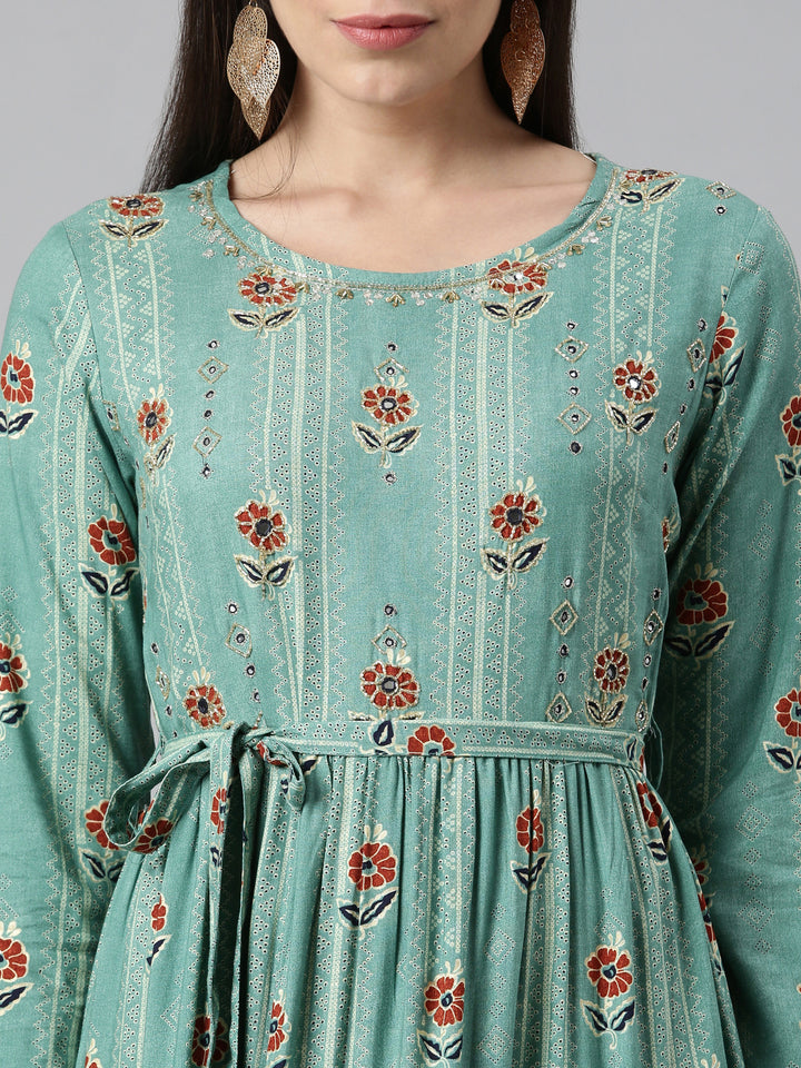 Neerus Women Sea Green Floral Printed Anarkali Kurta