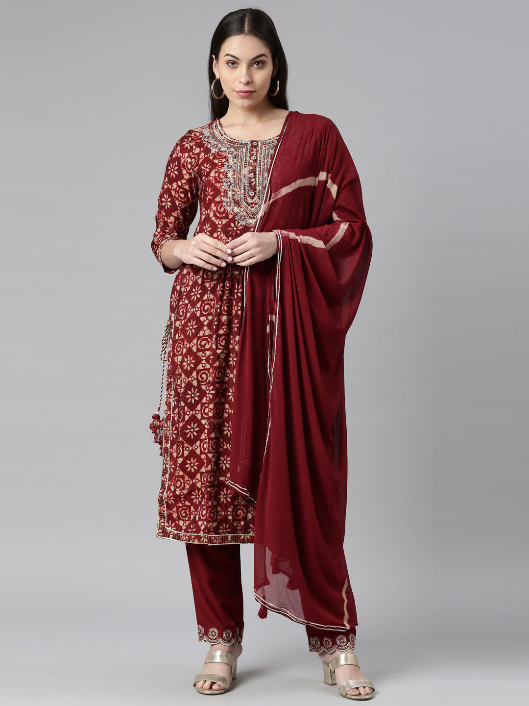 Neerus Maroon floral printed suit set - front view