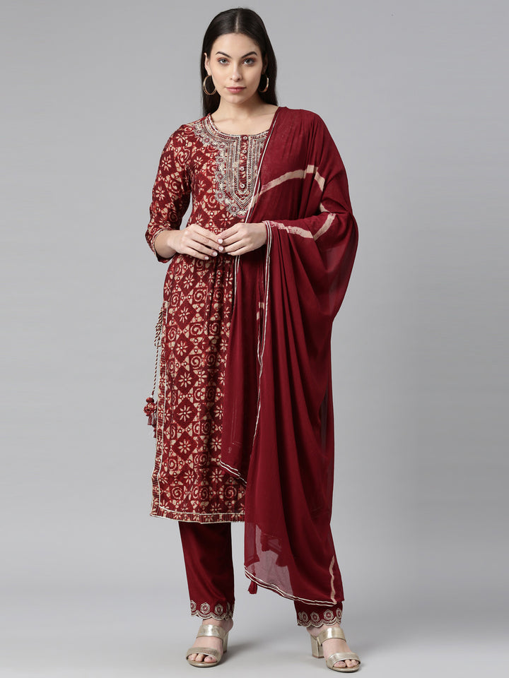 Neerus Maroon floral printed suit set - front view