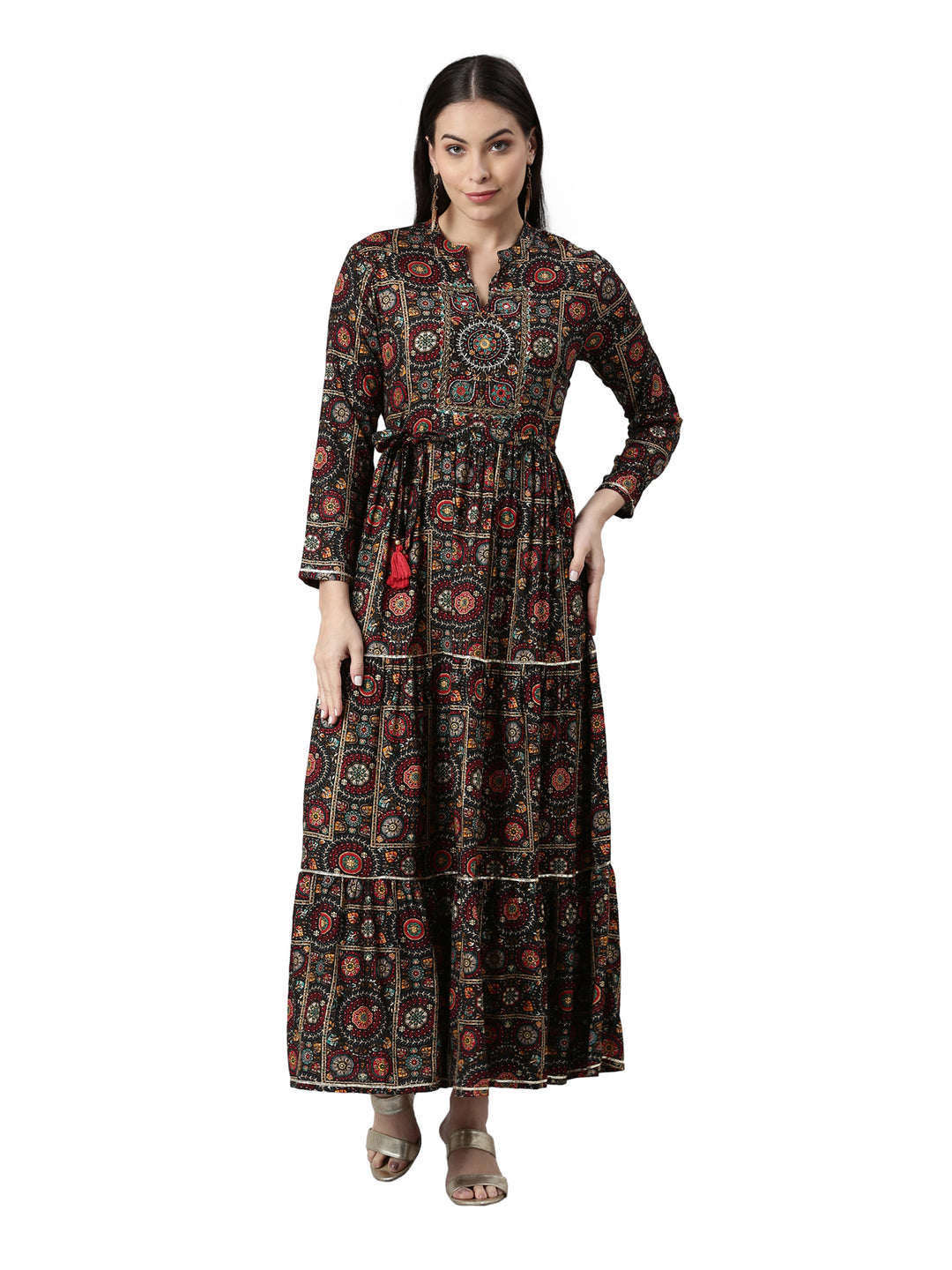 Neerus Multi cotton mirror work anarkali kurta - front view
