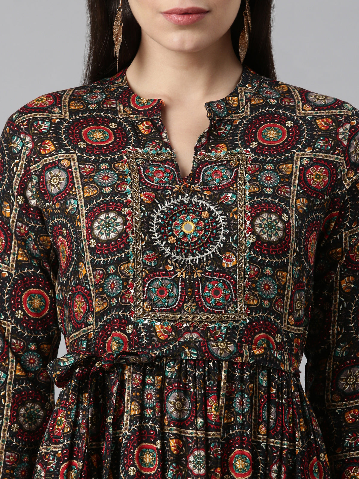 Neerus Women Ethnic Motifs Printed Mirror Work Anarkali Pure Cotton Kurta