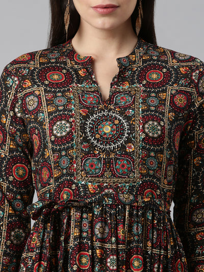 Neerus Women Ethnic Motifs Printed Mirror Work Anarkali Pure Cotton Kurta