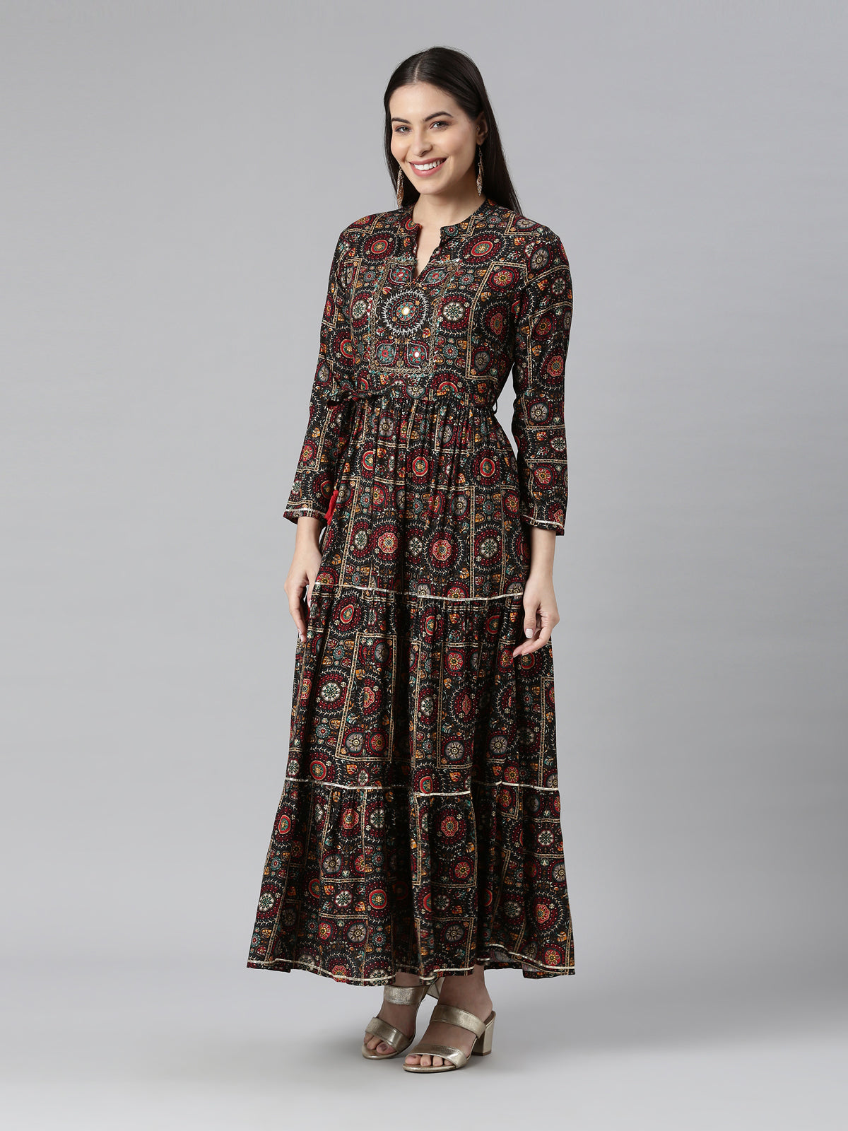 Neerus Women Ethnic Motifs Printed Mirror Work Anarkali Pure Cotton Kurta