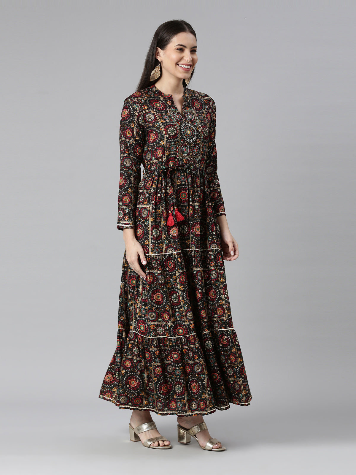 Neerus Women Ethnic Motifs Printed Mirror Work Anarkali Pure Cotton Kurta