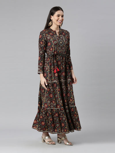 Neerus Women Ethnic Motifs Printed Mirror Work Anarkali Pure Cotton Kurta