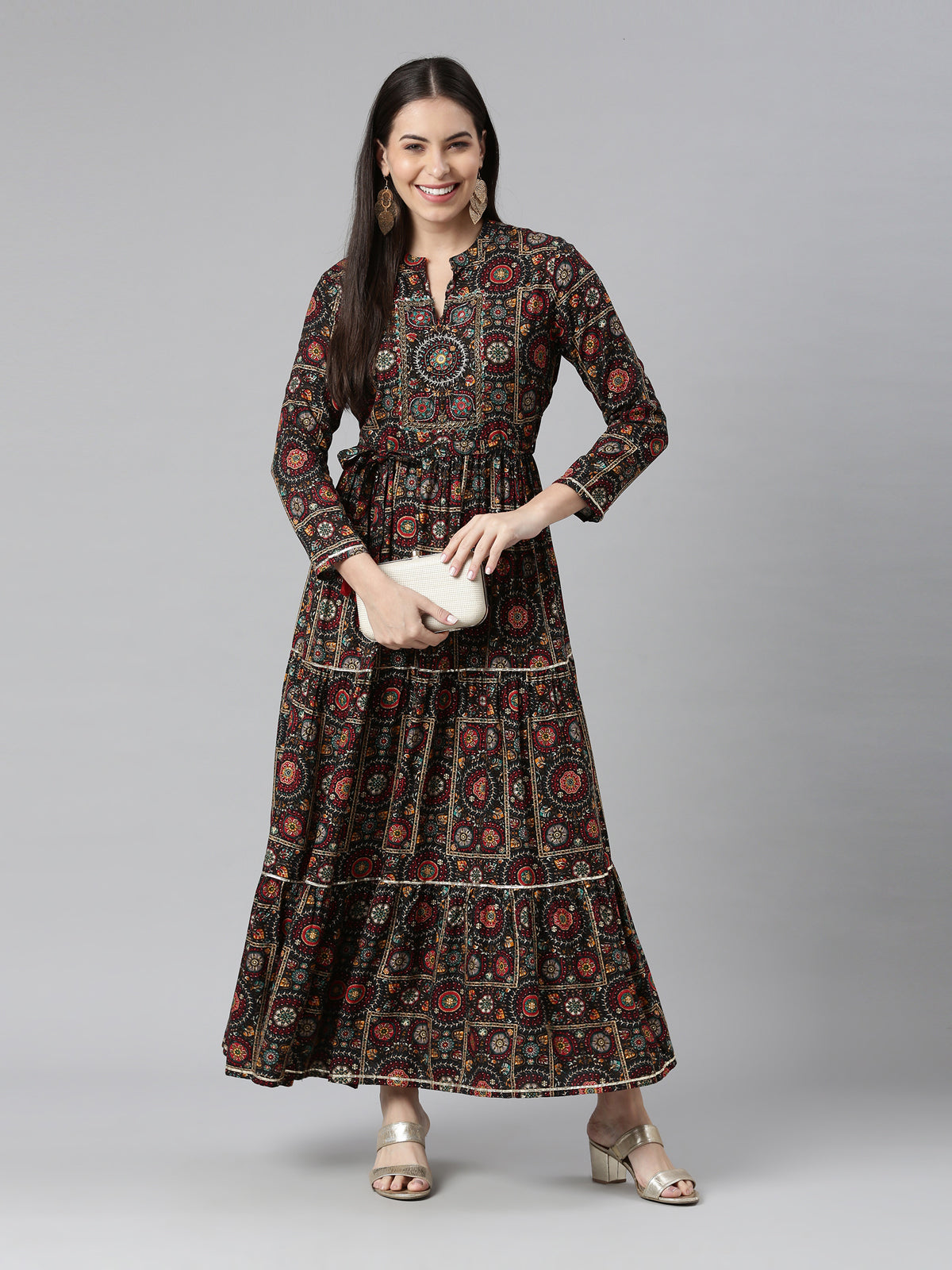Neerus Women Ethnic Motifs Printed Mirror Work Anarkali Pure Cotton Kurta