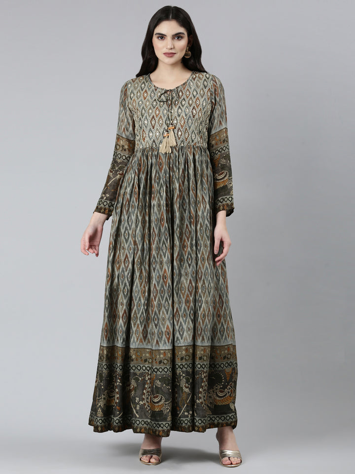 Neerus Olive Straight Casual Floral Dresses