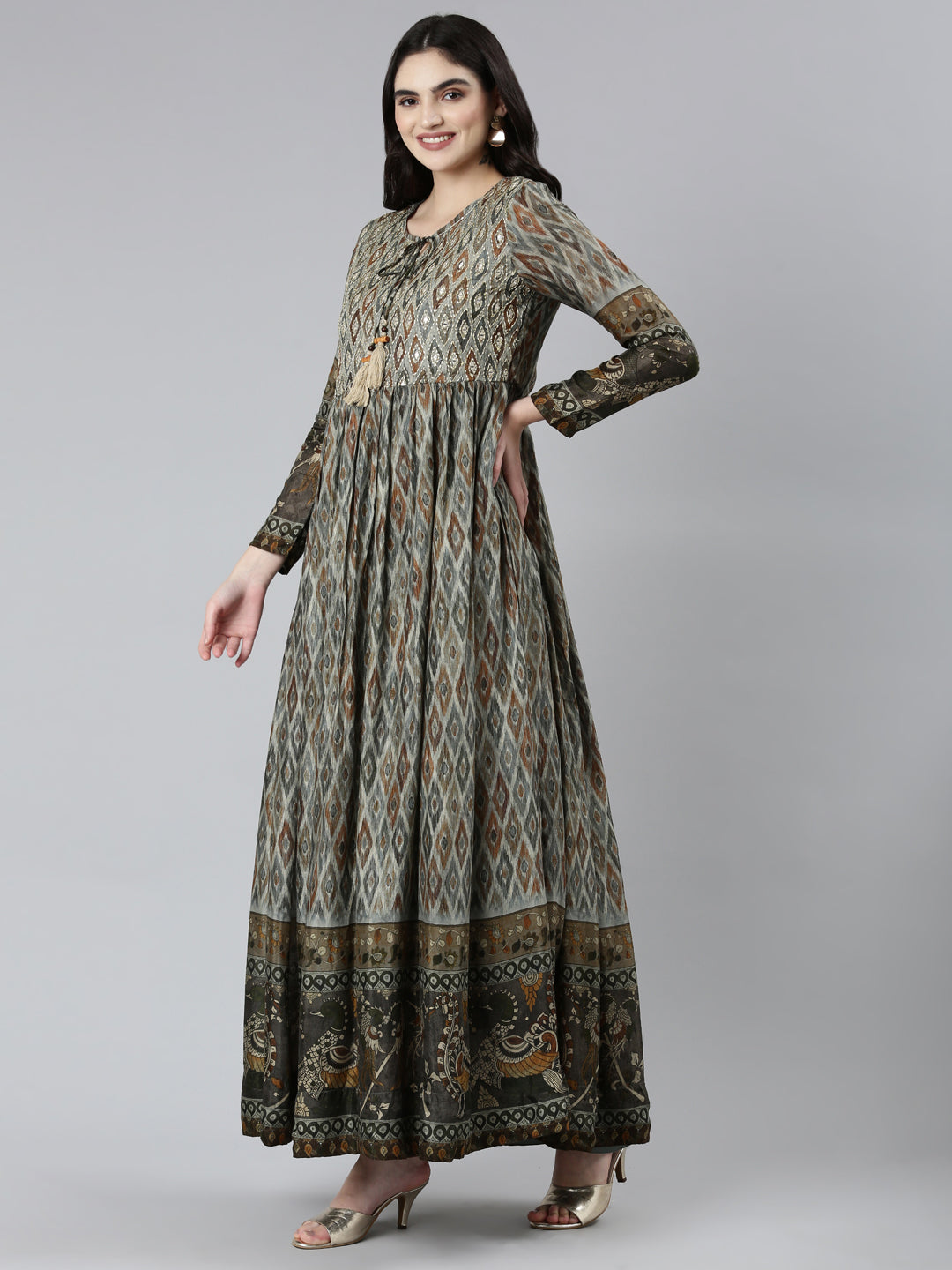 Neerus Olive Straight Casual Floral Dresses