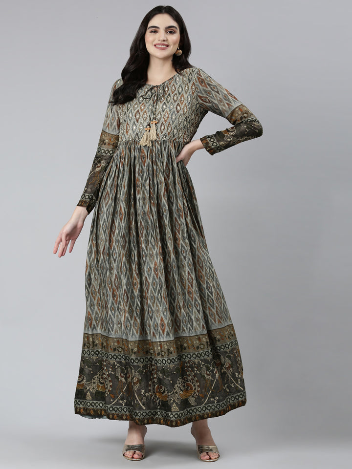 Neerus Olive Straight Casual Floral Dresses