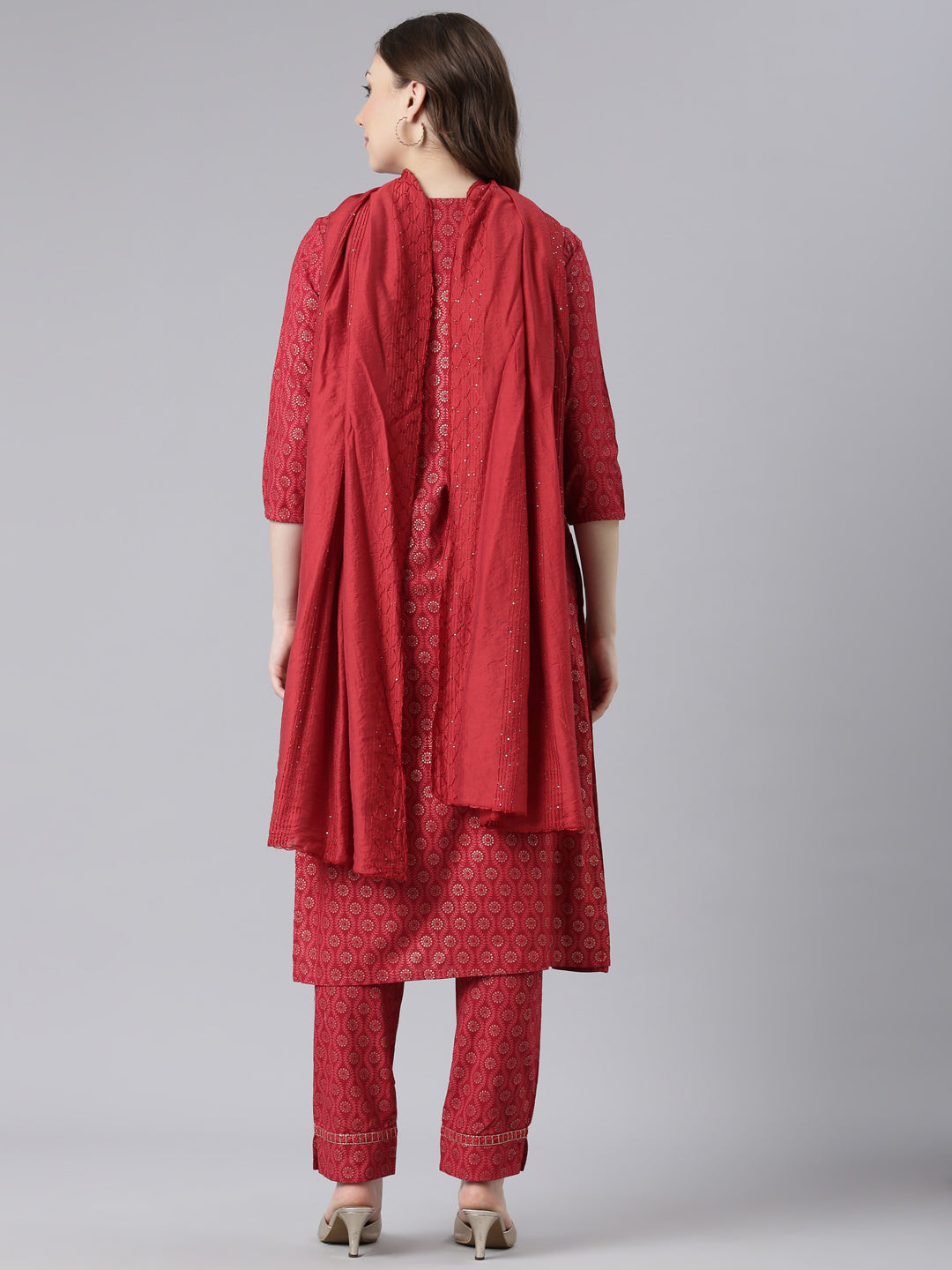 Neerus Red slub cotton printed suit set - detail view 1