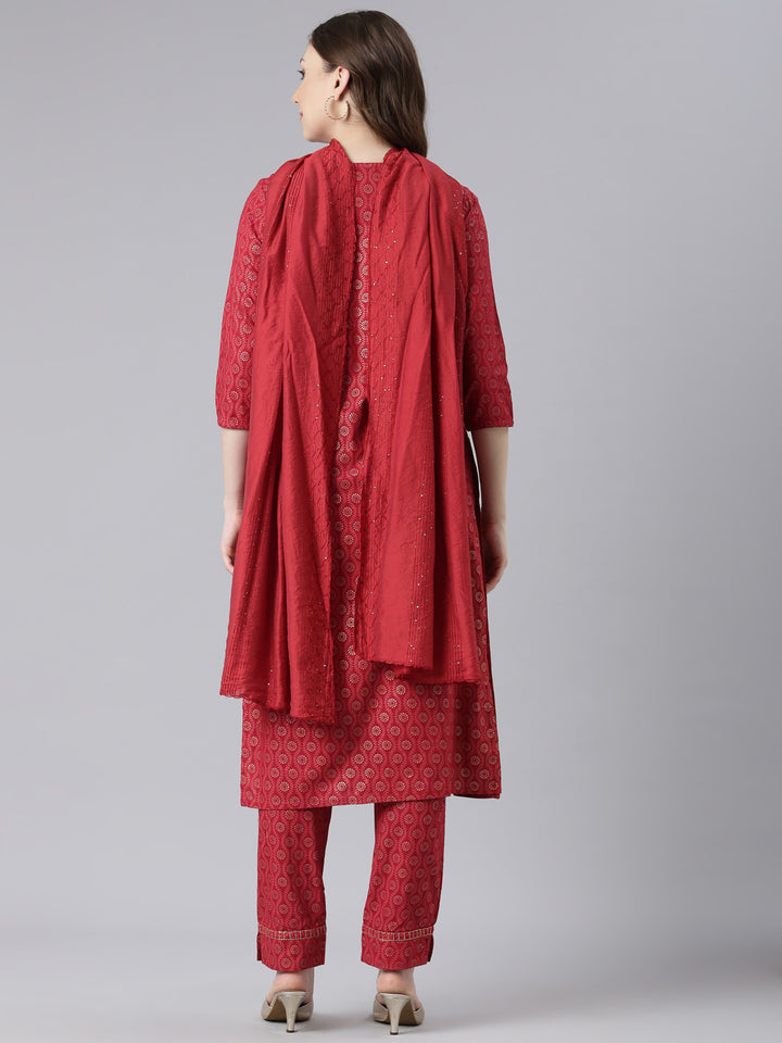 Neerus Red slub cotton printed suit set - detail view 1