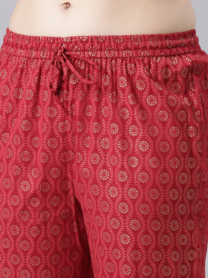 Neerus Red slub cotton printed suit set - detail view 4