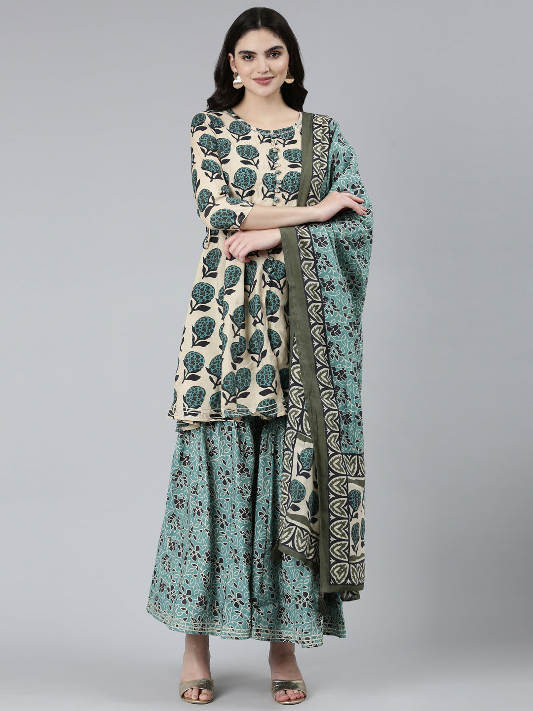 Neerus Green Regular Straight Floral Kurta Sets And Sharara With Dupatta