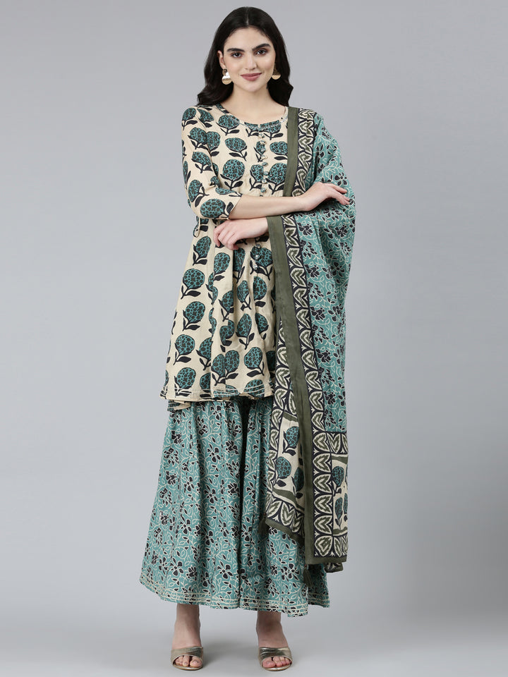 Neerus Green Regular Straight Floral Kurta Sets And Sharara With Dupatta